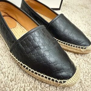 Gucci Black Embossed Leather Espadrilles